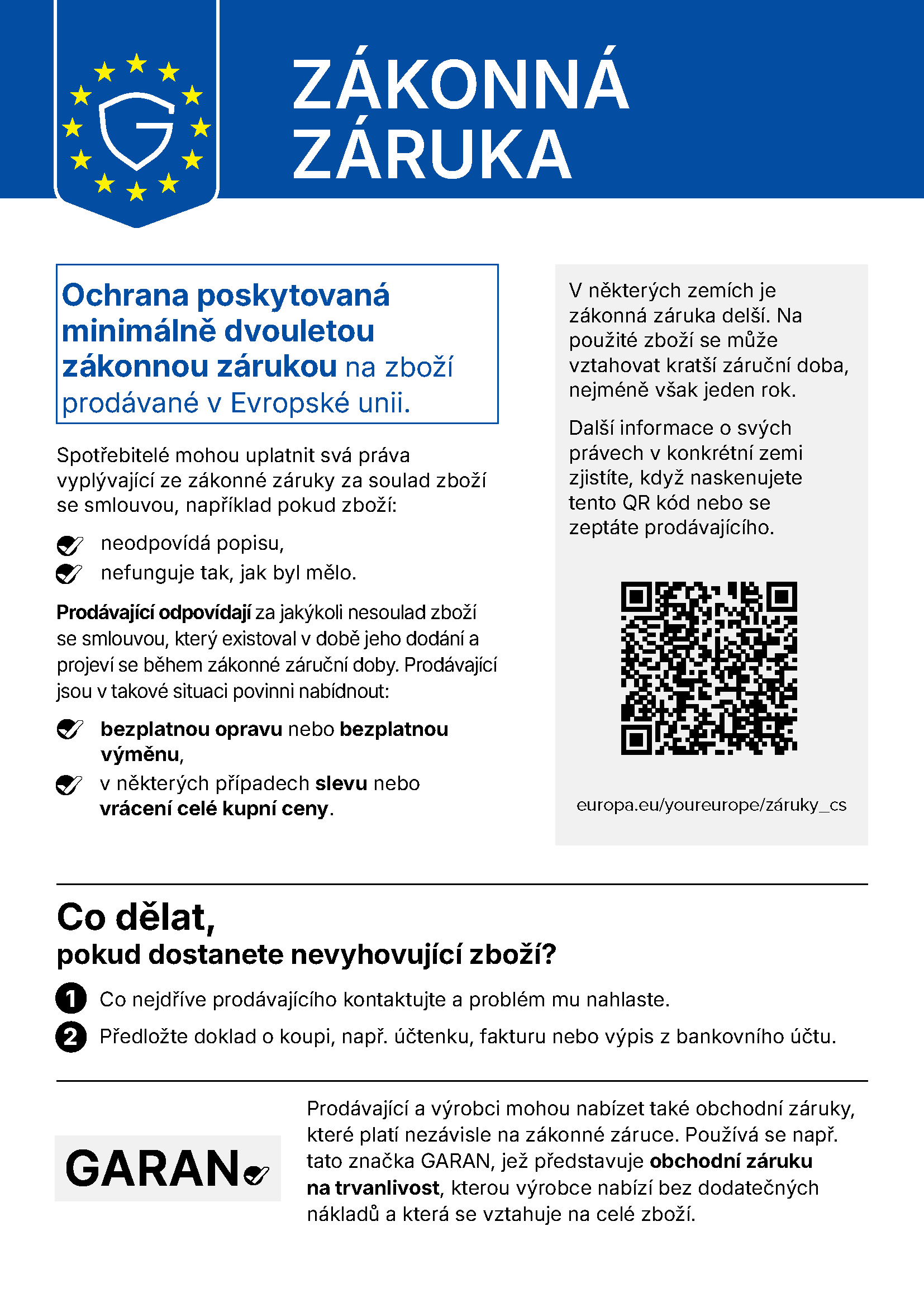 Oznámení EU o zákonné záruce za soulad zboží se smlouvou