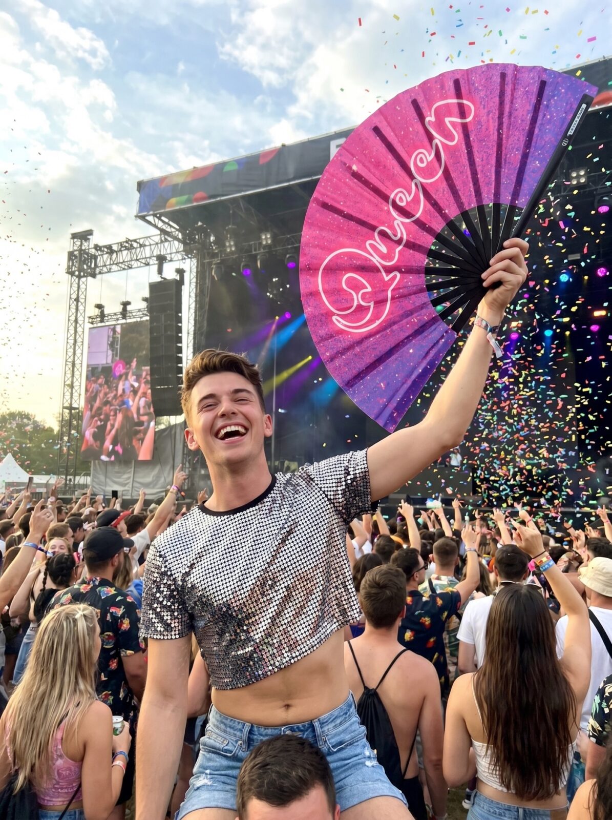 Festival Fan „Queen“ růžovo-fialové galaxie třpytky – Rave & CSD – Zobrazení 4