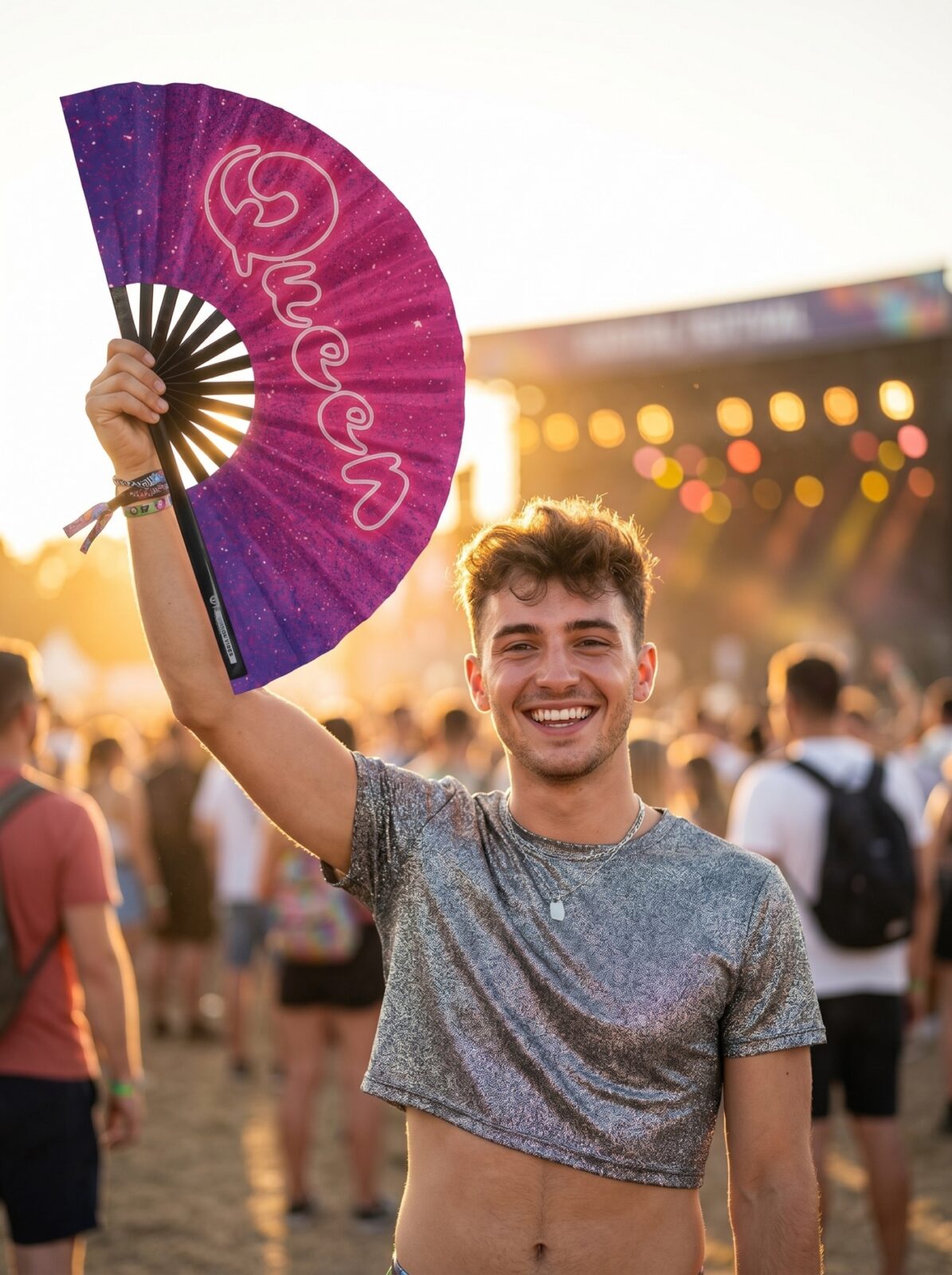 Festival Fan „Queen“ růžovo-fialové galaxie třpytky – Rave & CSD – Zobrazení 3