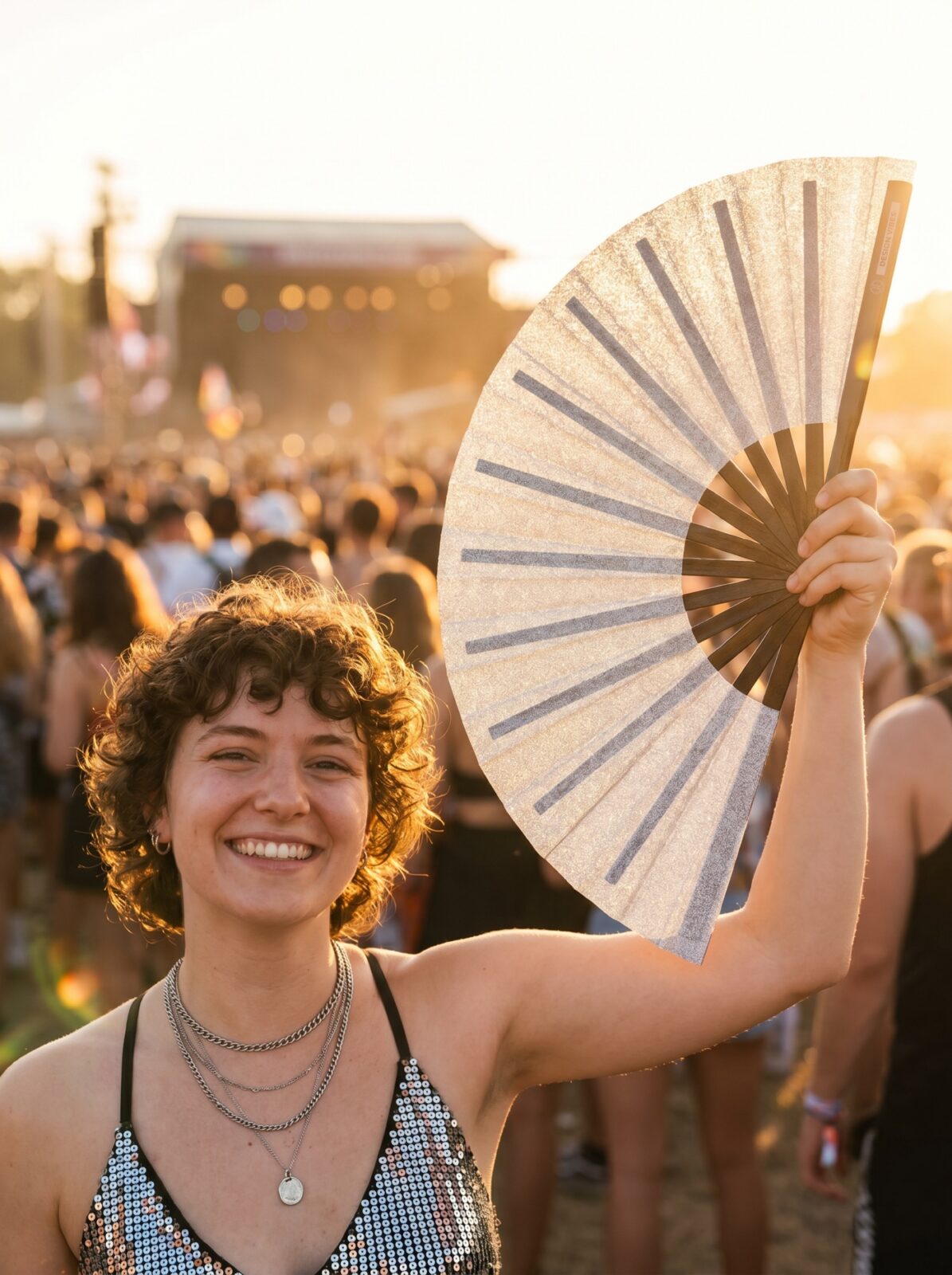 Festivalový vějíř stříbrné třpytky – třpytivý doplněk na rave i Pride – Zobrazení 3
