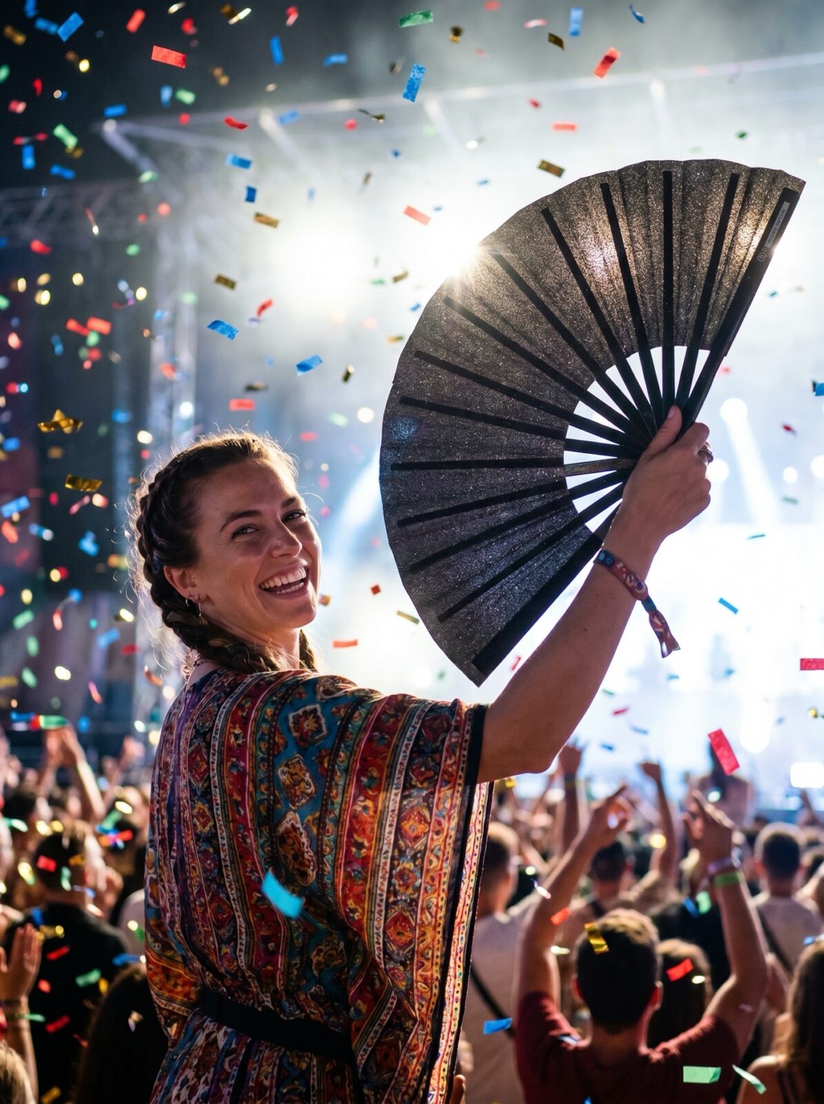 Festivalový vějíř černé třpytky – elegantní doplněk na rave i Pride – Zobrazení 4