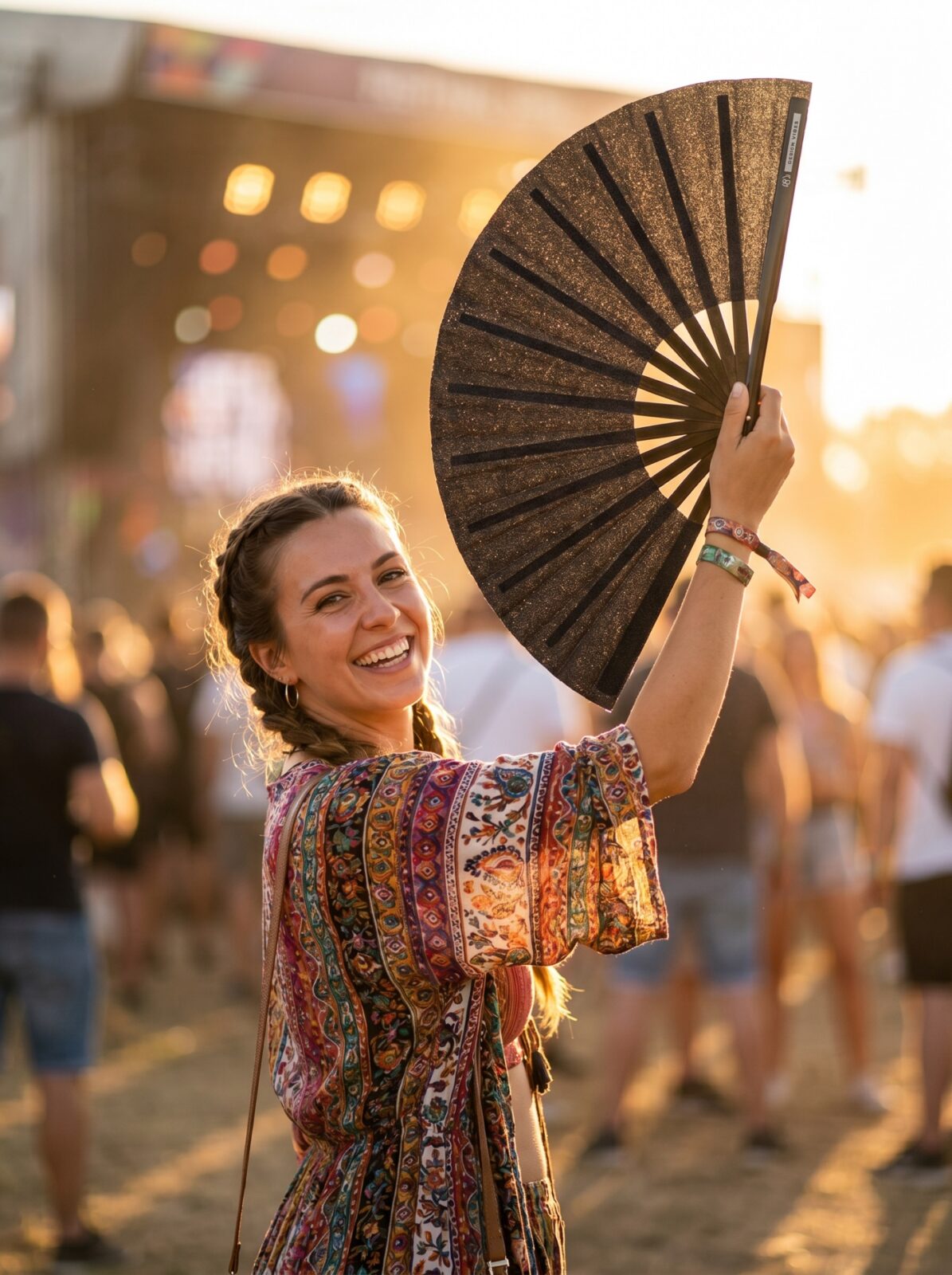 Festivalový vějíř černé třpytky – elegantní doplněk na rave i Pride – Zobrazení 3
