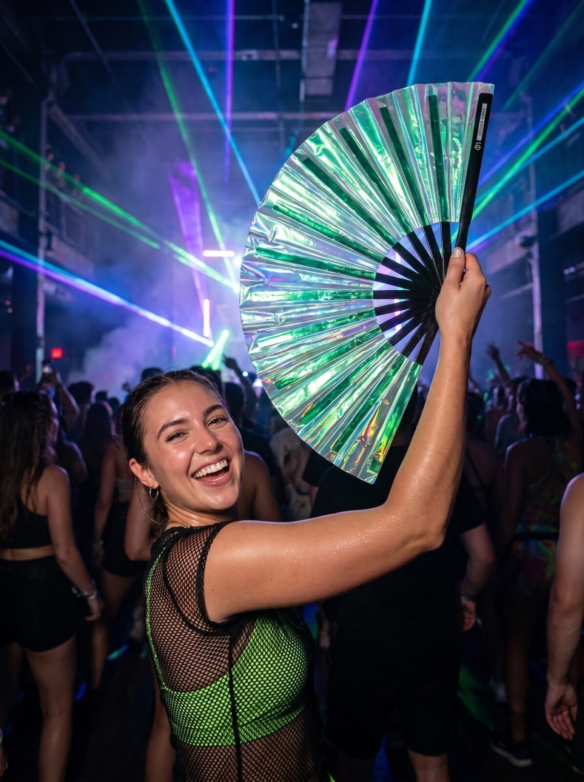 Festival Fan holografický vějíř zelené barvy – duhový Rave doplněk – Zobrazení 2