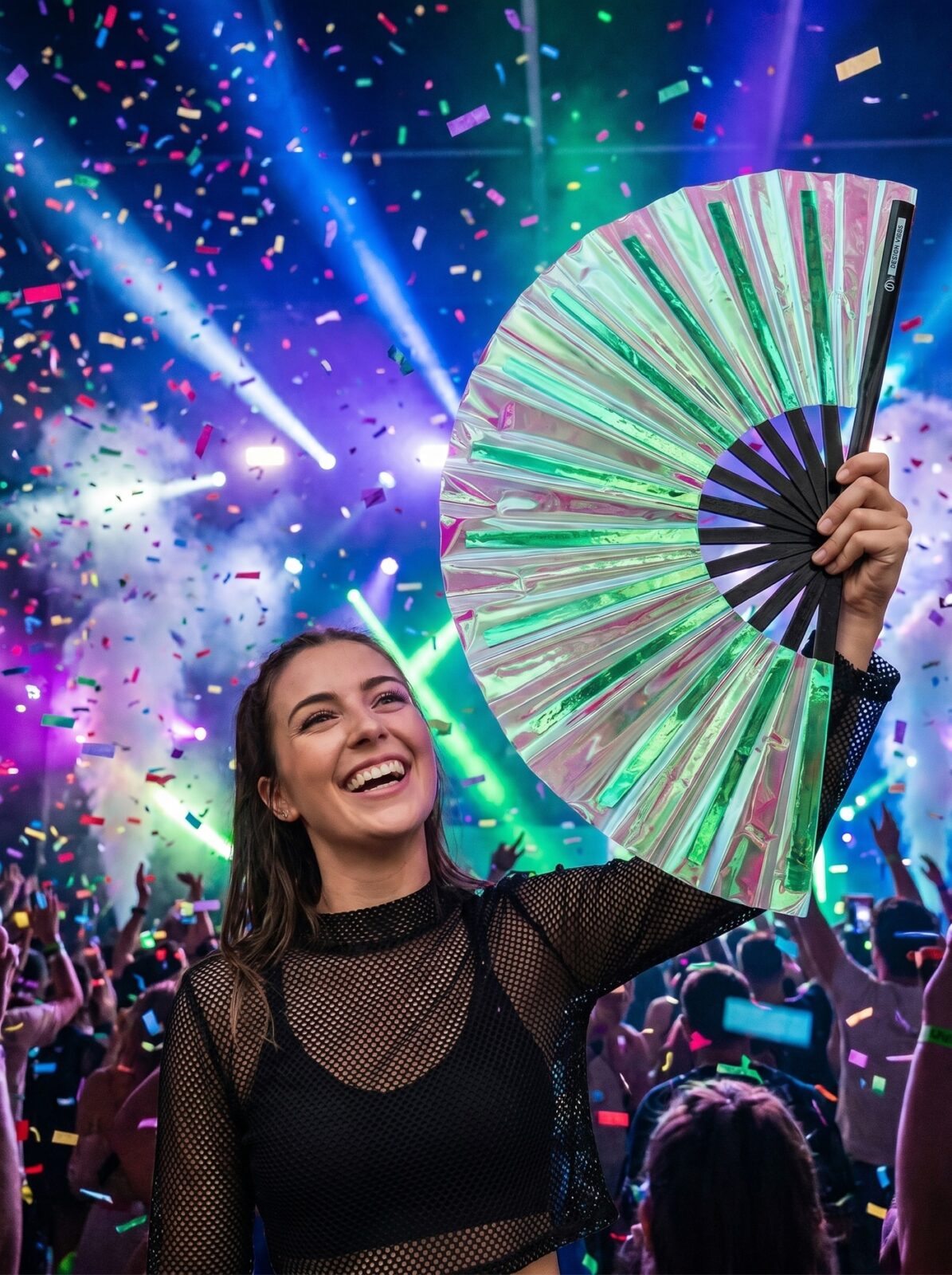 Festival Fan holografický vějíř zelené barvy – duhový Rave doplněk – Zobrazení 4