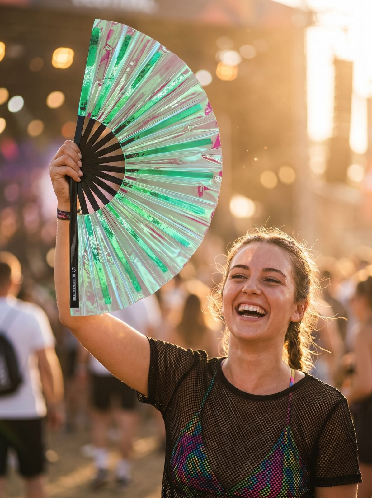 Festival Fan holografický vějíř zelené barvy – duhový Rave doplněk – Zobrazení 3