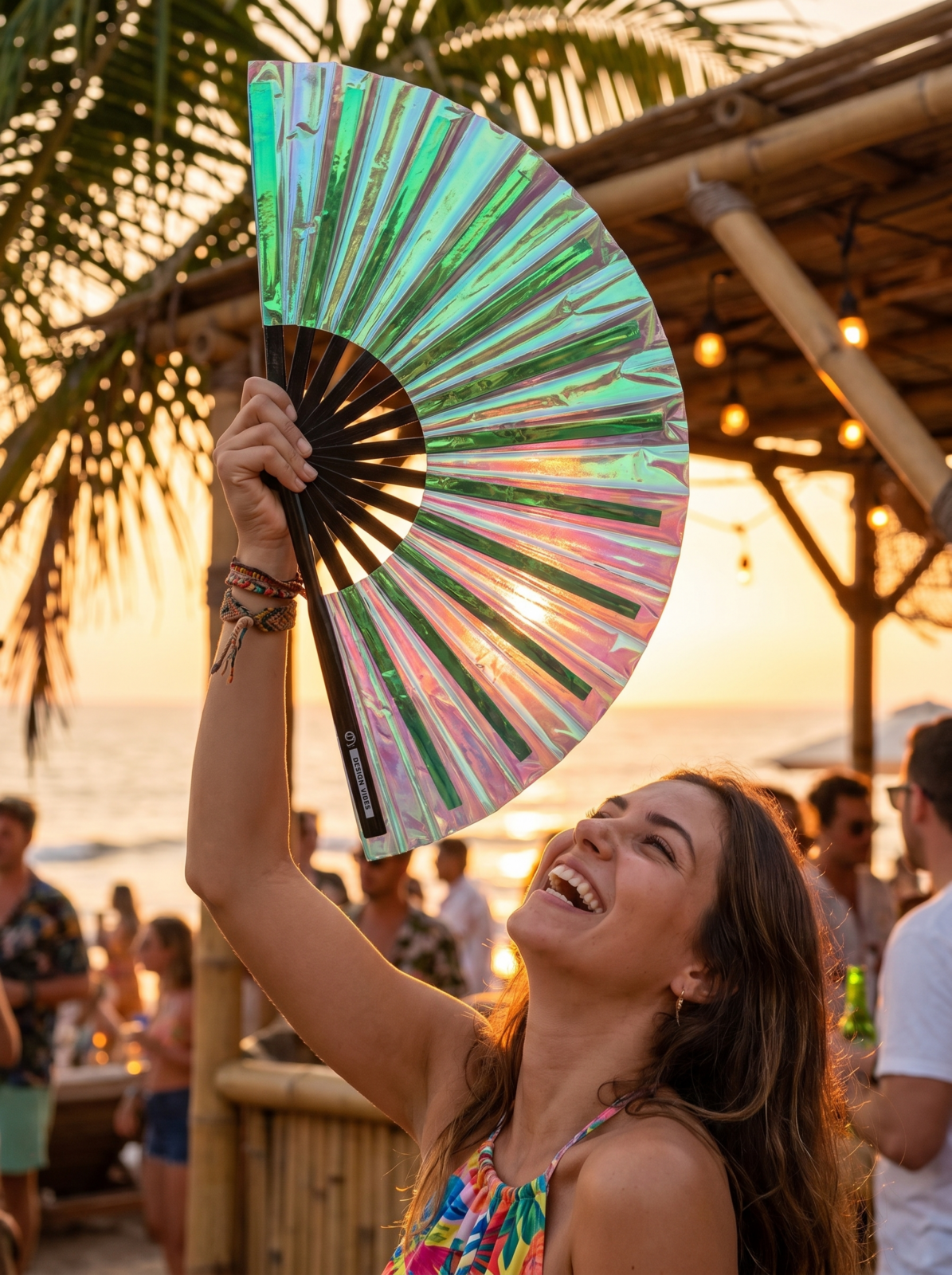 Festival Fan holografický vějíř zelené barvy – duhový Rave doplněk – Zobrazení 5