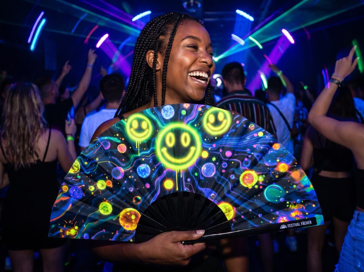 Festival Fan s neonovými acidovými smajlíky v černé barvě pro Techno a Rave, Zobrazení 2