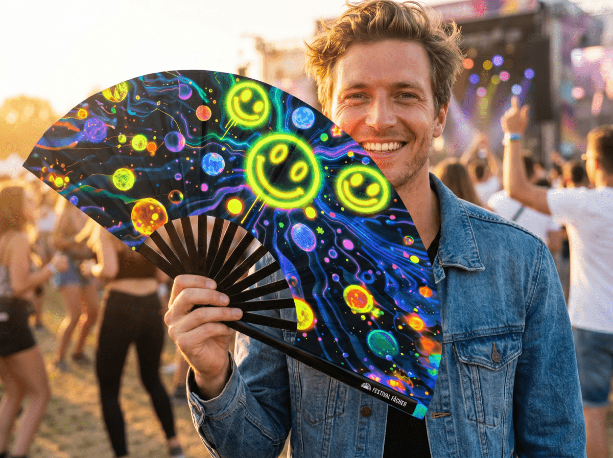 Festival Fan s neonovými acidovými smajlíky v černé barvě pro Techno a Rave, Zobrazení 3