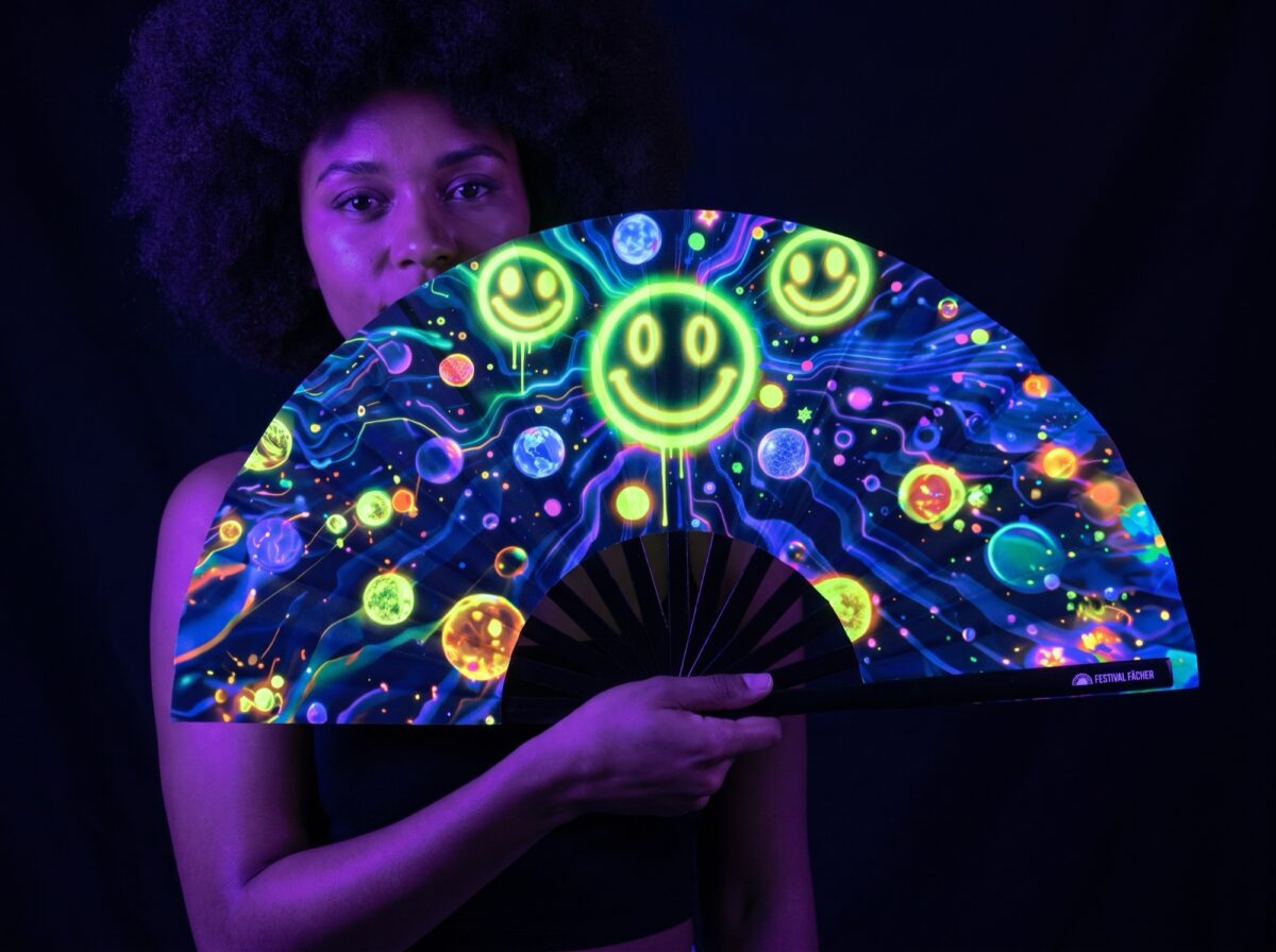 Festival Fan s neonovými acidovými smajlíky v černé barvě pro Techno a Rave Rave (UV)
