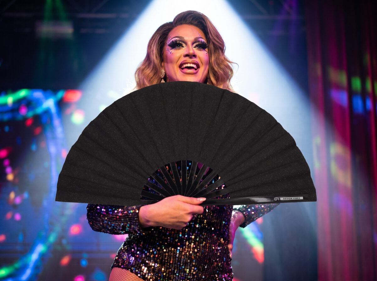 Festival Fan, černý s třpytkami, elegantní doplněk na Rave a CSD, Zobrazení 5