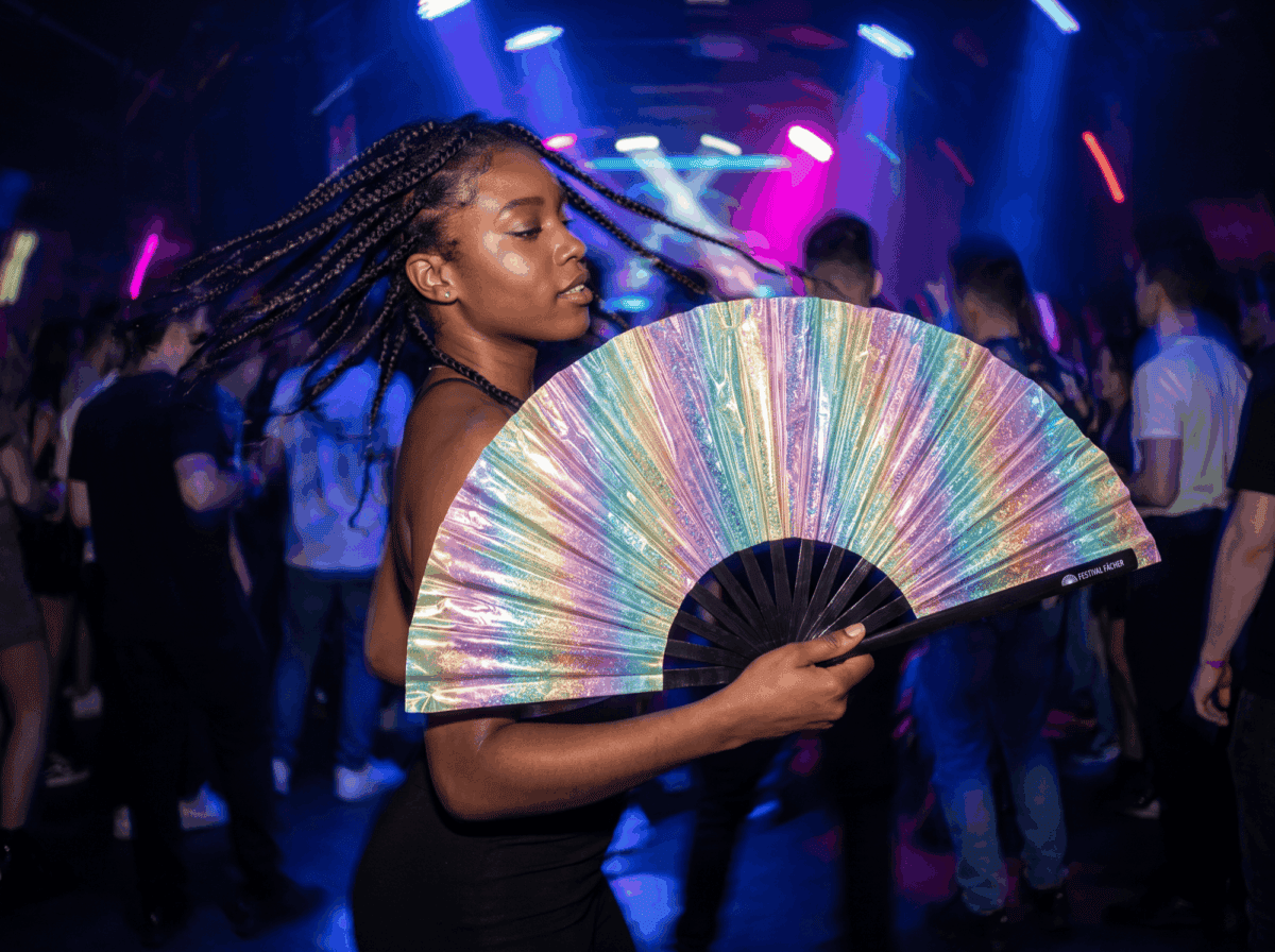 Festival Fan, holografický, s třpytky, v pastelových barvách duhy, pro festivaly a Rave, Zobrazení 2