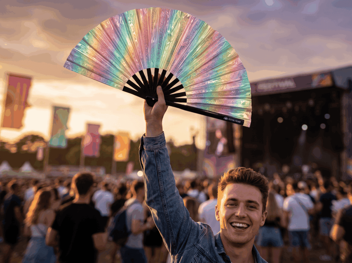 Festival Fan, holografický, s třpytky, v pastelových barvách duhy, pro festivaly a Rave, Zobrazení 3