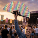 Festival Fan, holografický, s třpytky, v pastelových barvách duhy, pro festivaly a Rave, Zobrazení 3
