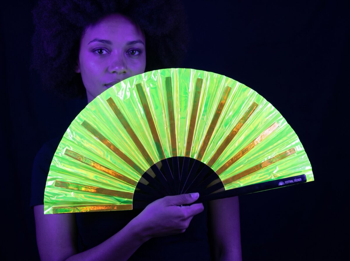 Festival Fan, holografický, průhledný, neonzelený, pro Rave a Techno Rave (UV)