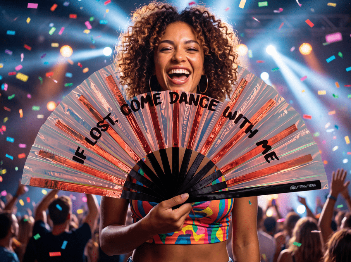 Festival Fan „IF LOST, COME DANCE WITH ME“ z holografické mědi pro festivaly a Rave party, Zobrazení 4