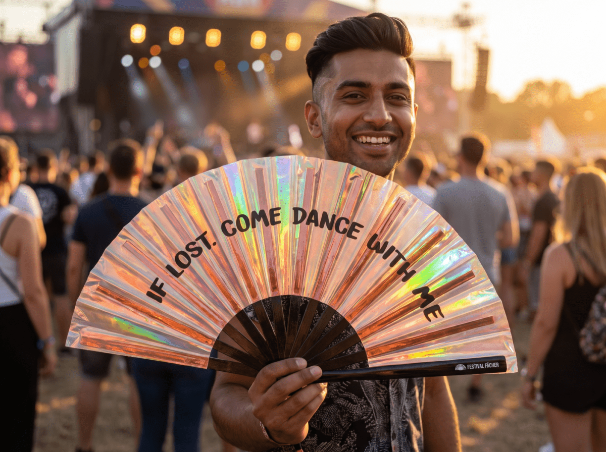 Festival Fan „IF LOST, COME DANCE WITH ME“ z holografické mědi pro festivaly a Rave party, Zobrazení 3