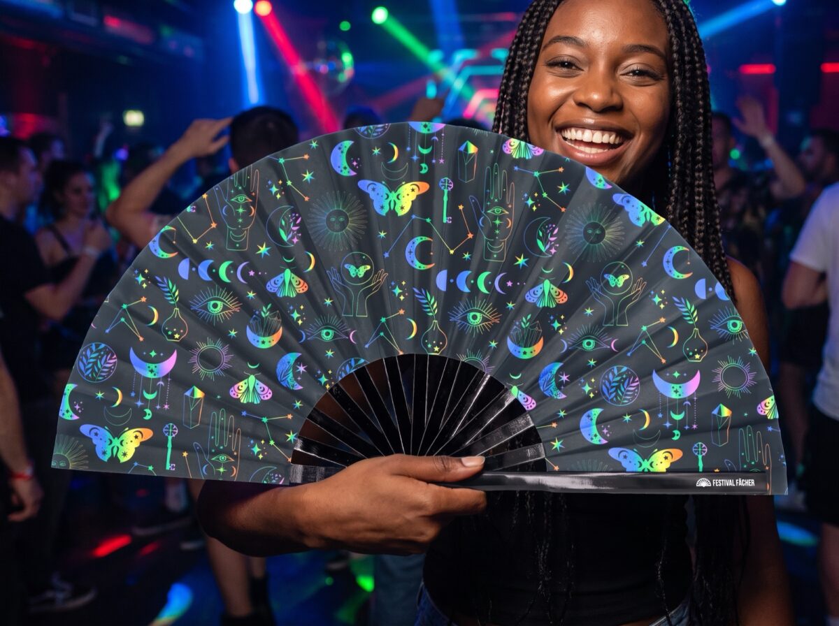 Festival Fan s motivy měsíce a motýlů, duha na černém pozadí, pro festivaly a styl boho, Zobrazení 2