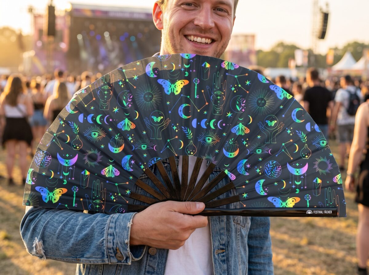 Festival Fan s motivy měsíce a motýlů, duha na černém pozadí, pro festivaly a styl boho, Zobrazení 3