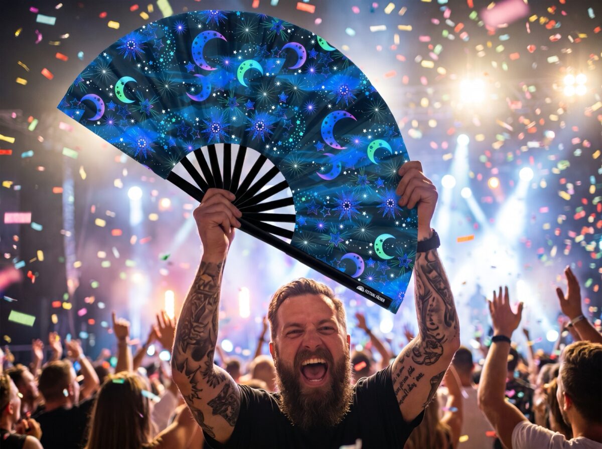 Festival Fan „Měsíc a hvězdy“ v noční modré barvě pro festivaly a styl boho, Zobrazení 4