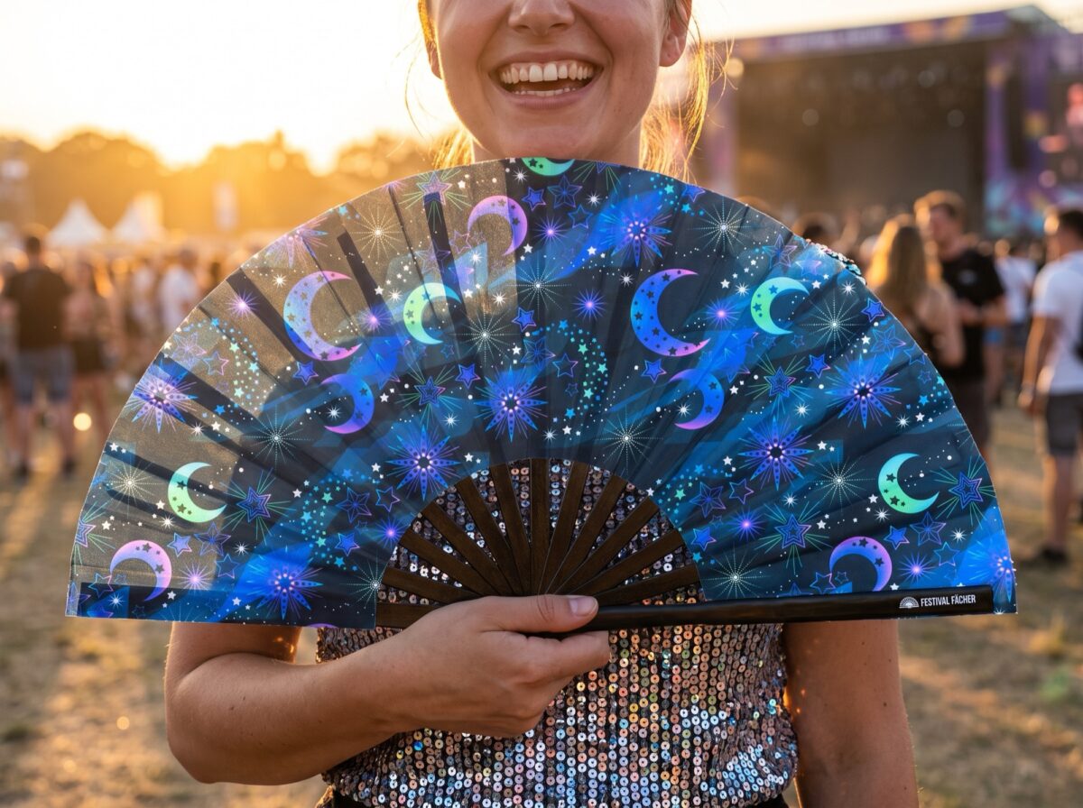 Festival Fan „Měsíc a hvězdy“ v noční modré barvě pro festivaly a styl boho, Zobrazení 3