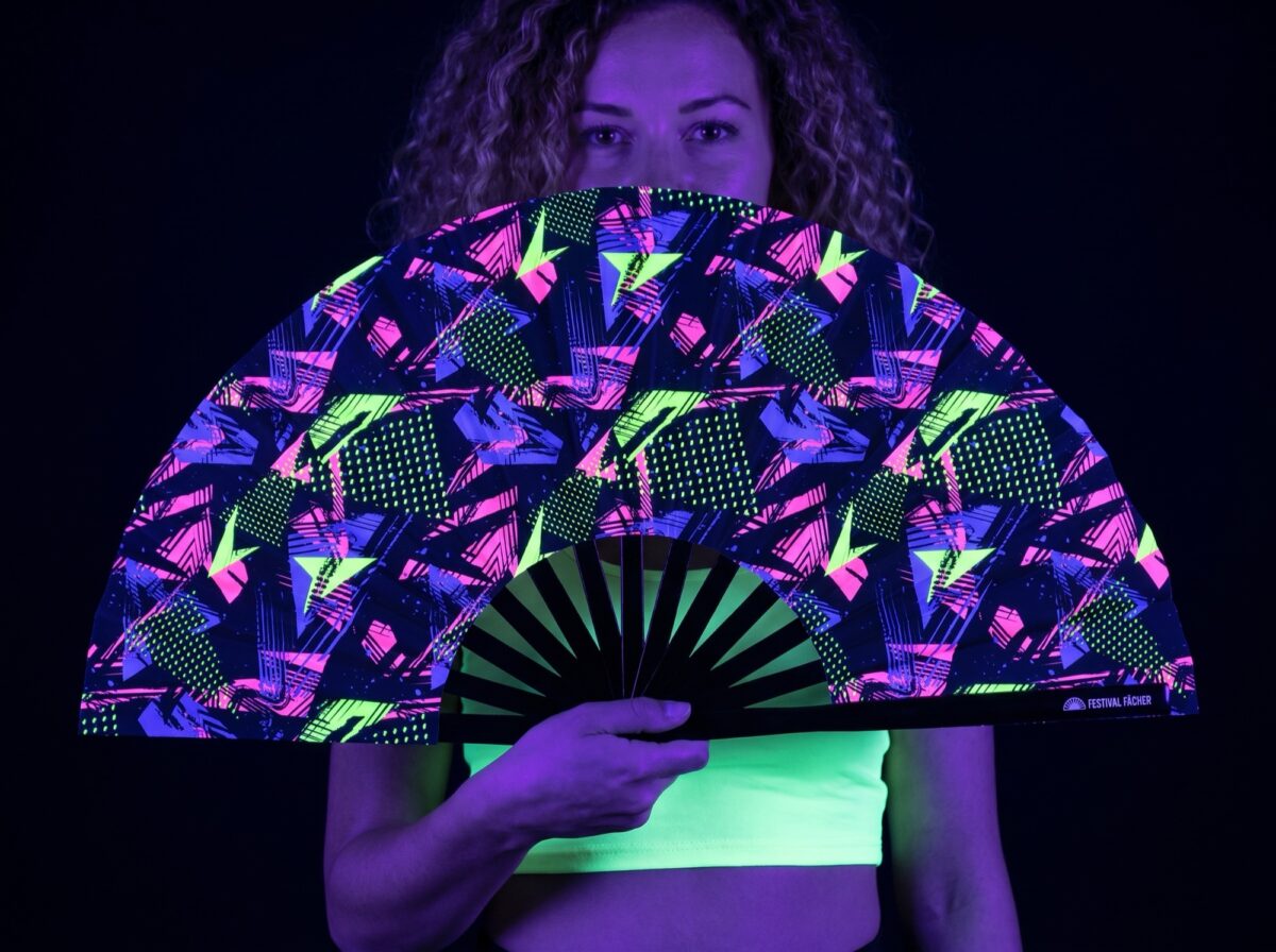 Festival Fan „Neonová geometrie, černý“ pro Techno a Rave Rave (UV)