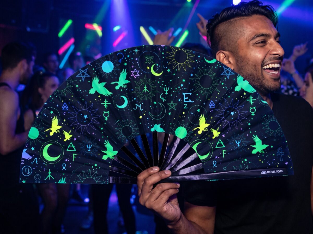 Festival Fan s okultními symboly, neonově černé, pro psytrance a Rave, Zobrazení 2