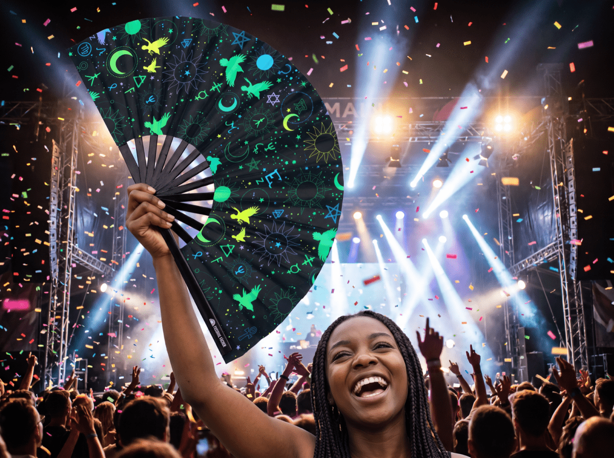 Festival Fan s okultními symboly, neonově černé, pro psytrance a Rave, Zobrazení 4