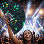 Festival Fan s okultními symboly, neonově černé, pro psytrance a Rave, Zobrazení 4