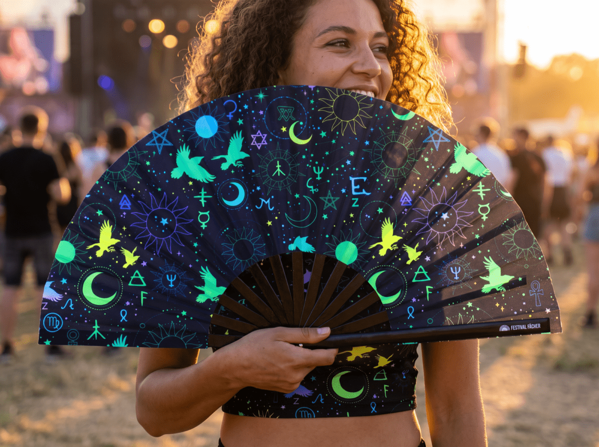 Festival Fan s okultními symboly, neonově černé, pro psytrance a Rave, Zobrazení 3