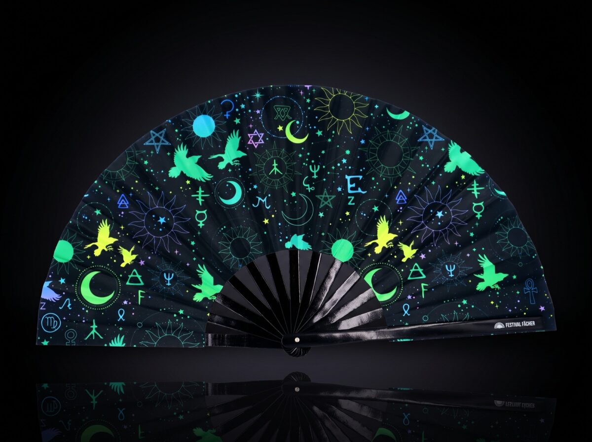 Festival Fan s okultními symboly, neonově černé, pro psytrance a Rave
