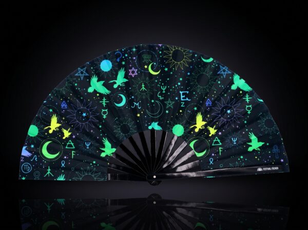 Festival Fan s okultními symboly, neonově černé, pro psytrance a Rave