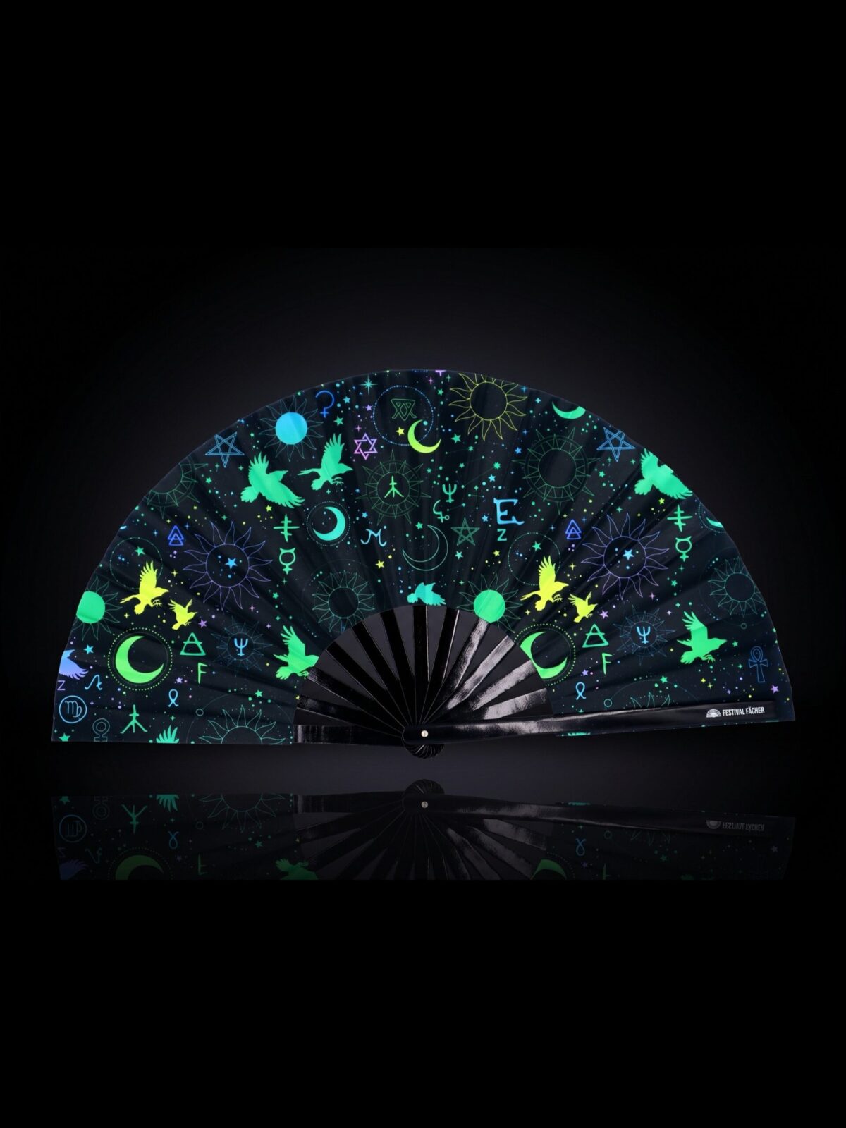 Festival Fan s okultními symboly, neonově černé, pro psytrance a Rave