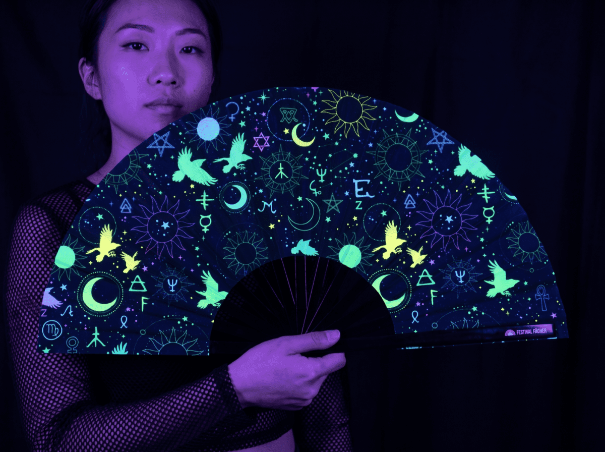 Festival Fan s okultními symboly, neonově černé, pro psytrance a Rave Rave (UV)