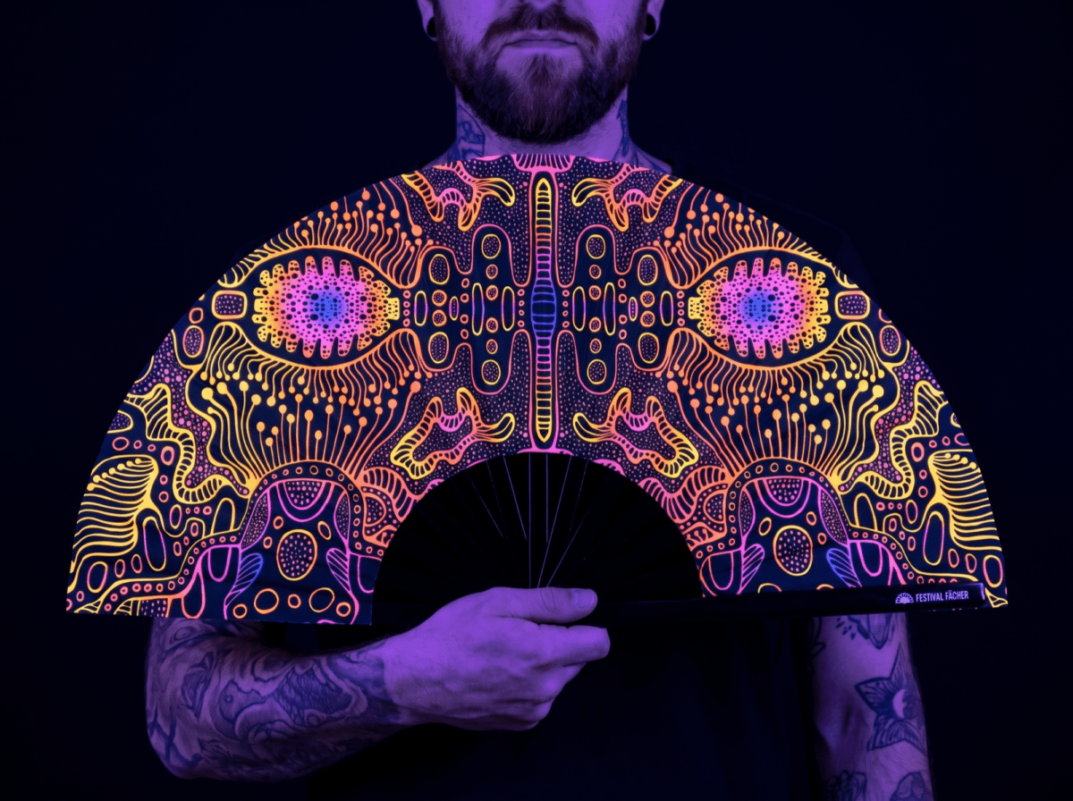 Festival Fan s neonovým vzorem, černý, pro psytrance a goa Rave (UV)
