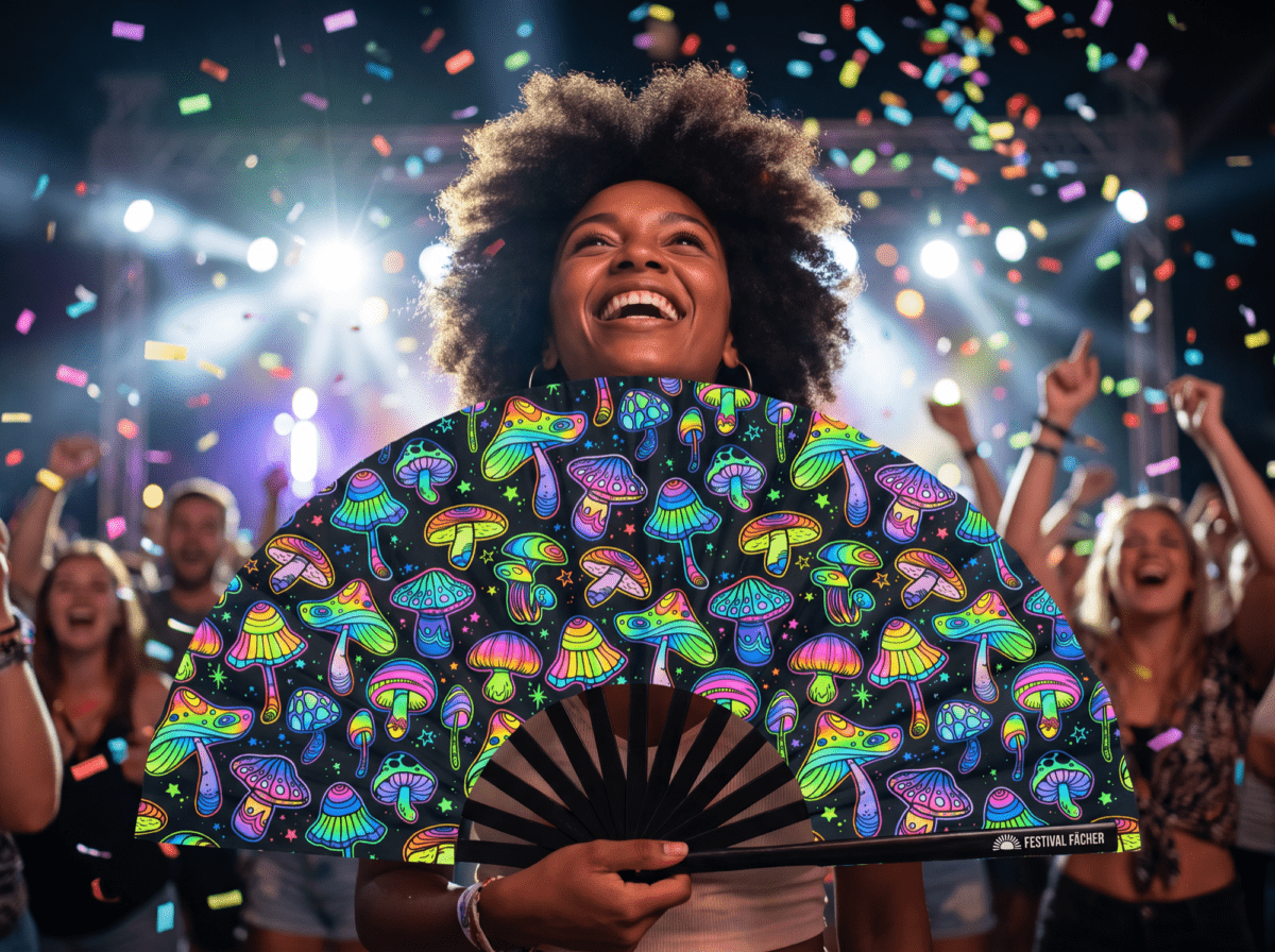 Festival Fan s neonovými houbami, pestré na černém pozadí pro psytrance a Goa, Zobrazení 4