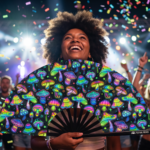 Festival Fan s neonovými houbami, pestré na černém pozadí pro psytrance a Goa, Zobrazení 4