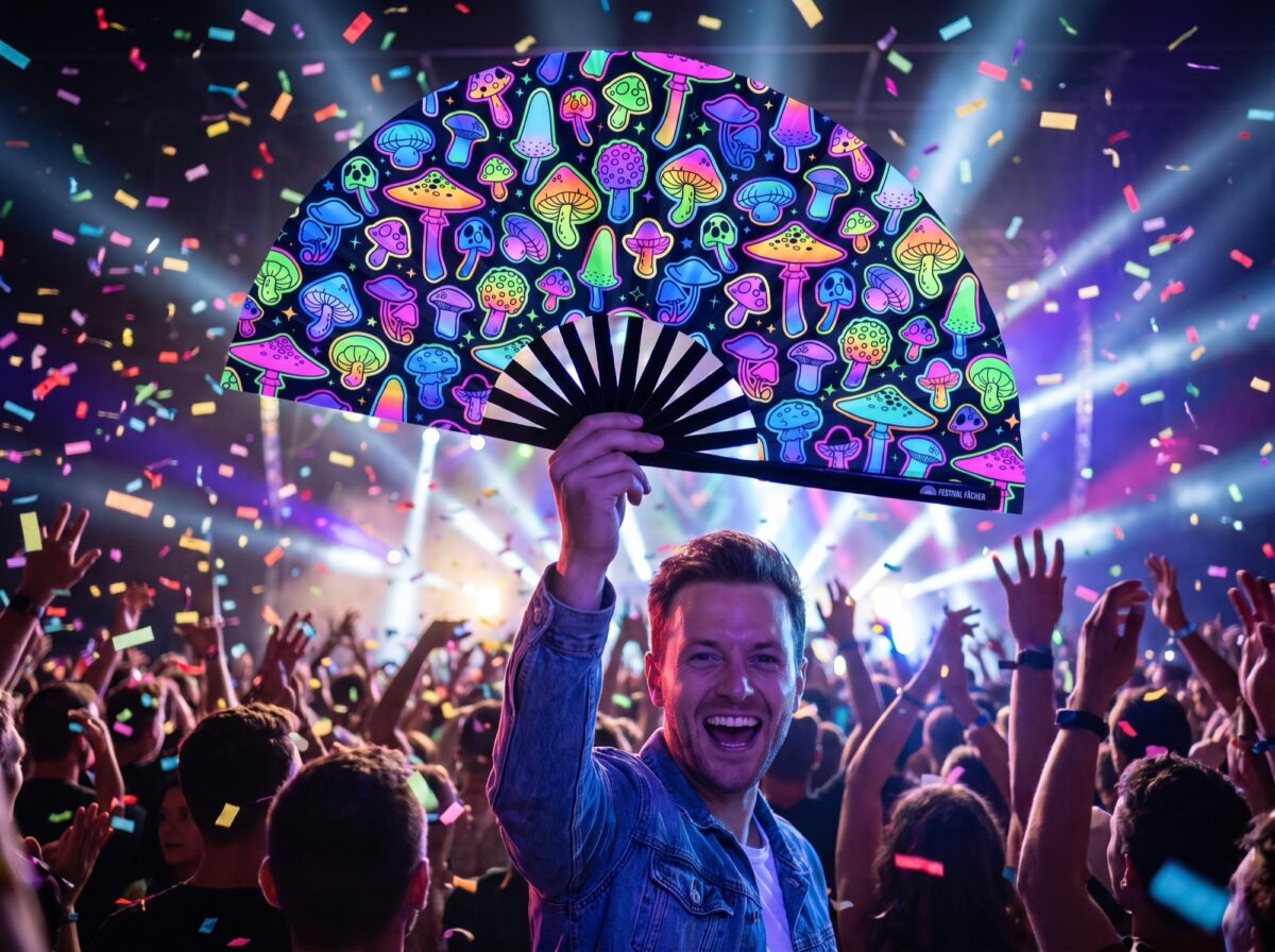 Festival Fans s neonovými houbami, černé, s airbrushovým potiskem, pro Goa a psytrance, Zobrazení 4