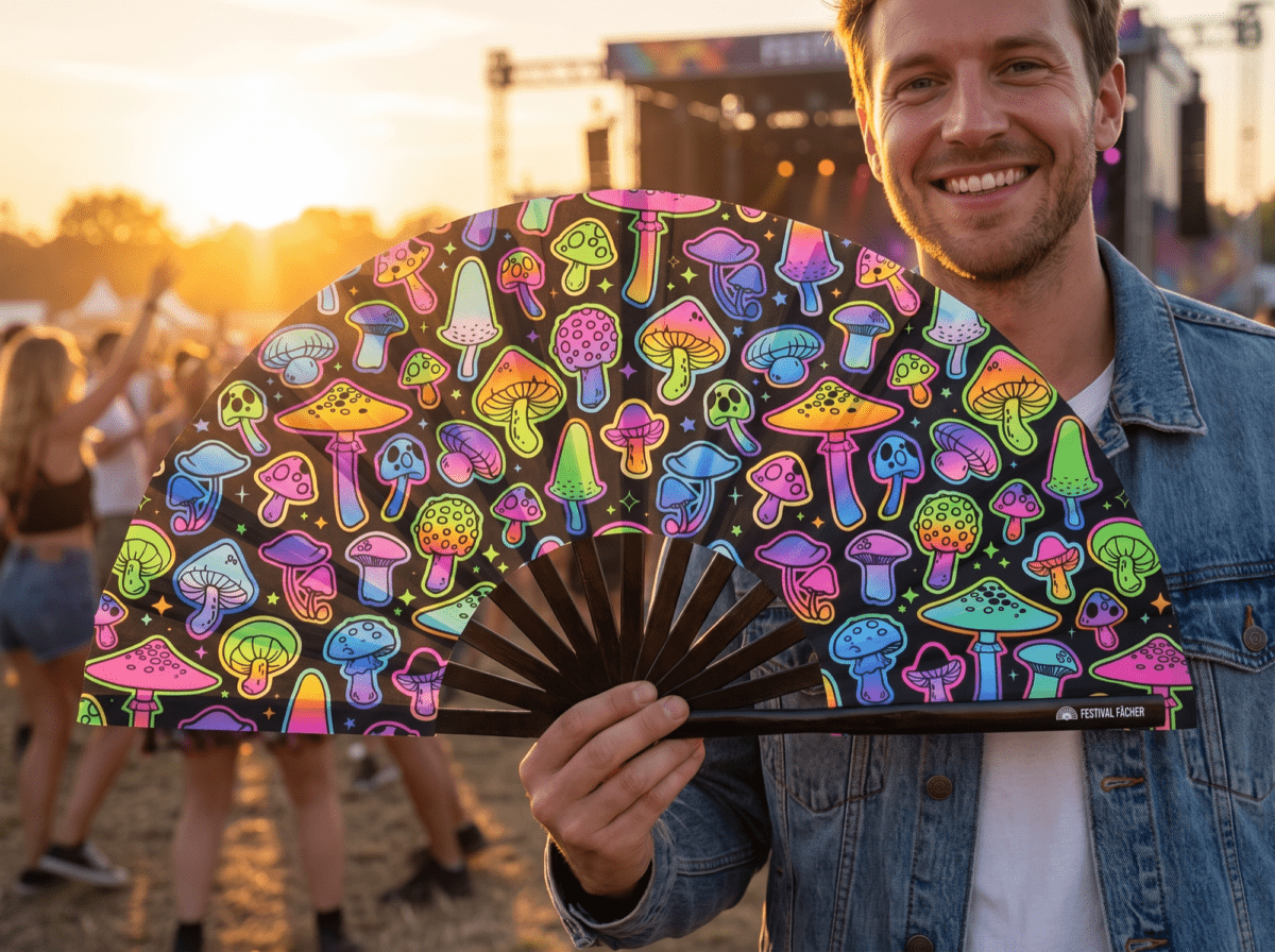 Festival Fans s neonovými houbami, černé, s airbrushovým potiskem, pro Goa a psytrance, Zobrazení 3