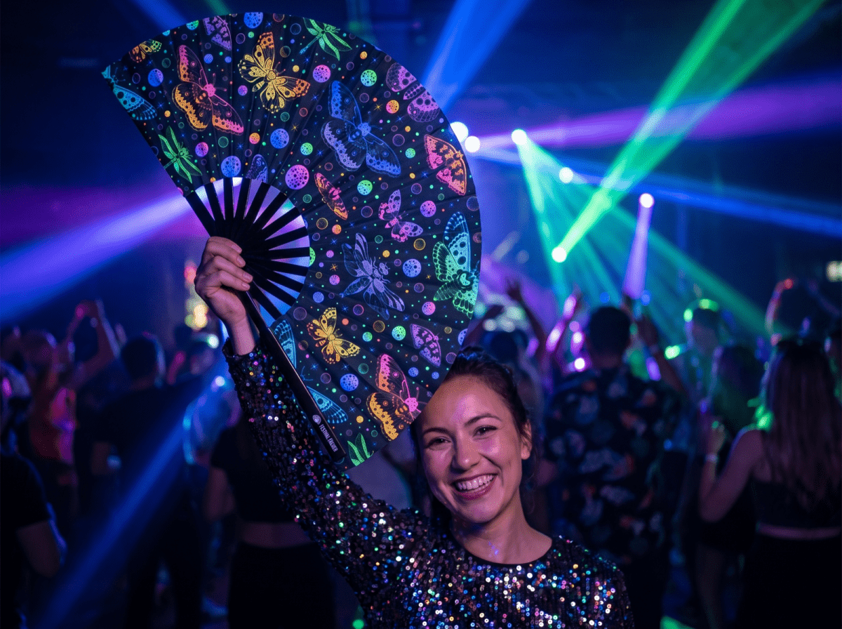 Festival Fan s neonovými motýly, černé, pro Rave a blacklight, Zobrazení 2