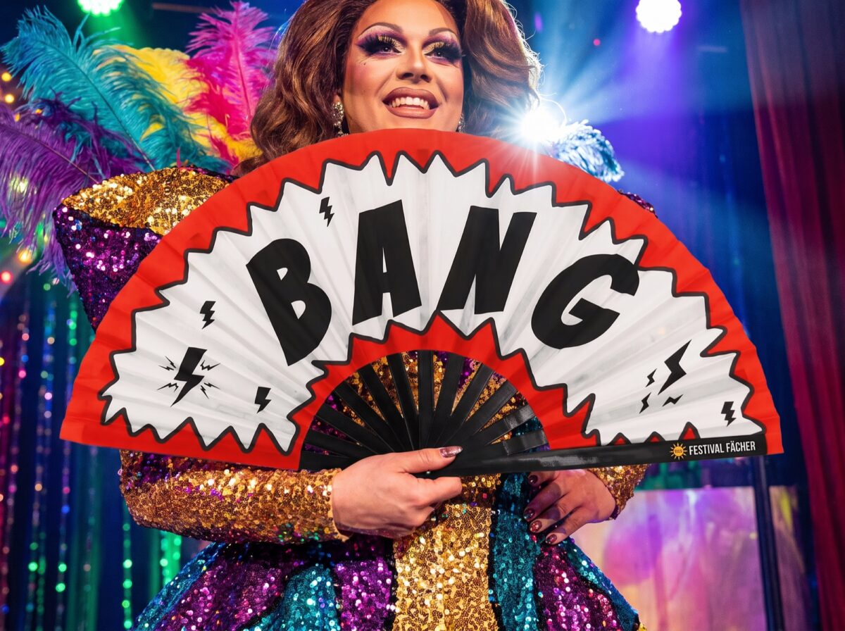 Festival Fan „BANG“ s komiksovým motivem v červené a bílé barvě, doplněk na Rave a párty, Zobrazení 5