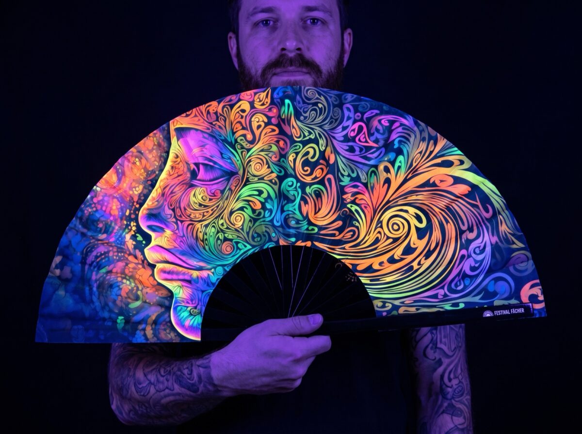 Festival Fan „Psychedelic Wirbel Bunt“ pro psytrance a Goa Rave (UV)