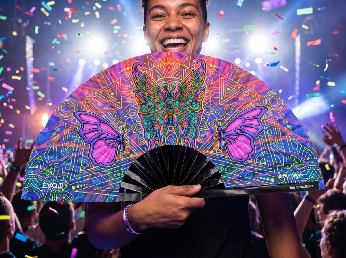 Festival Fan „Motýlí mandala, fialový“ pro psytrance a festivaly, Zobrazení 4