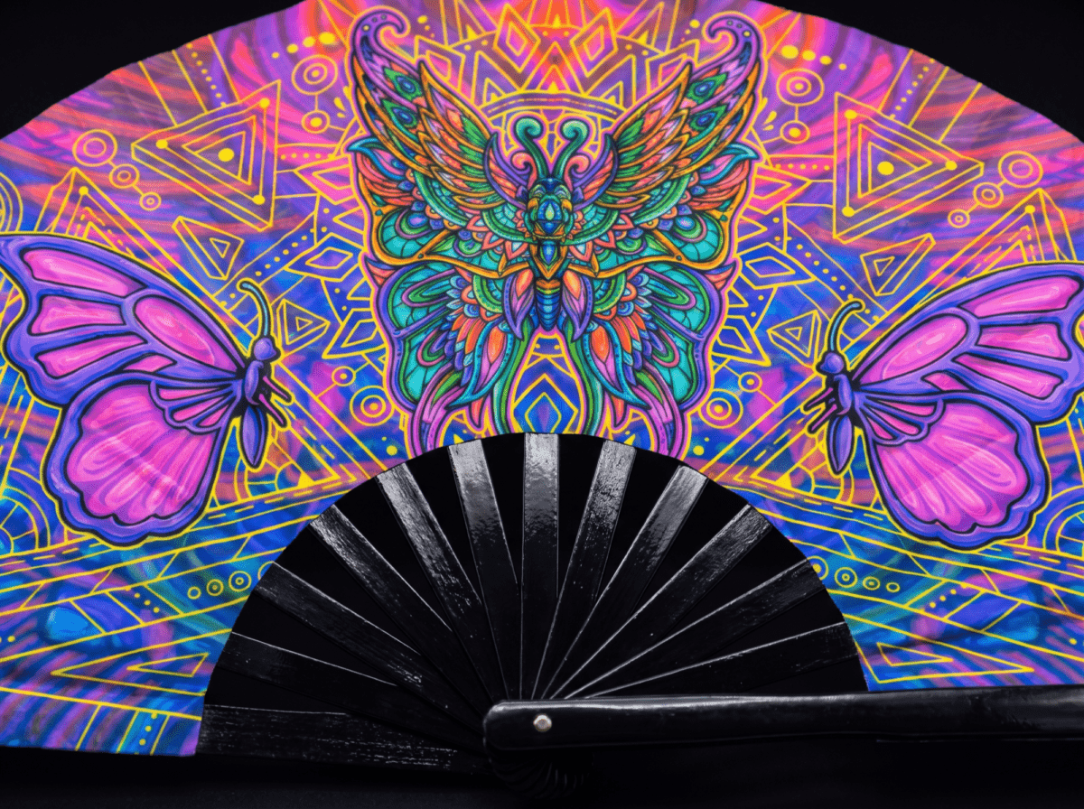Festival Fan „Motýlí mandala, fialový“ pro psytrance a festivaly, Zobrazení 5