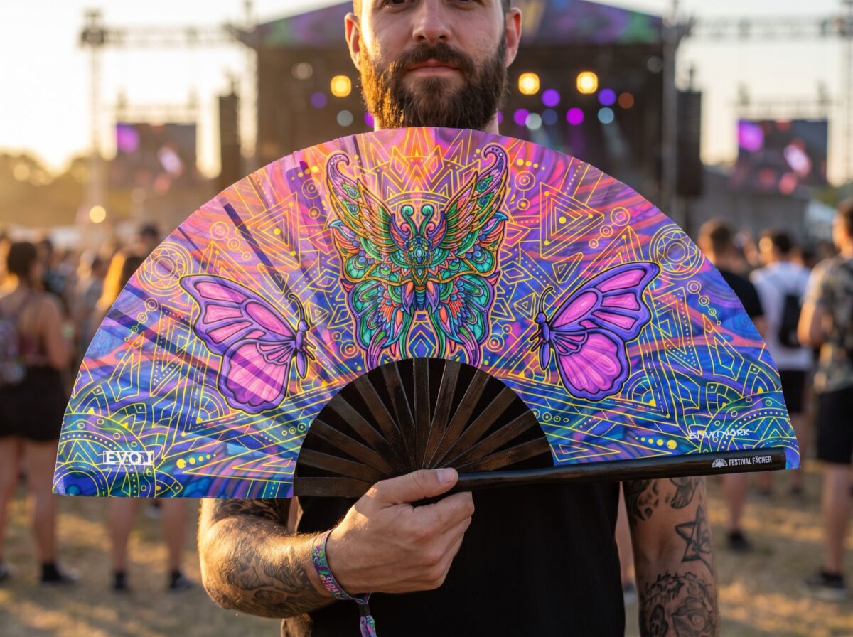 Festival Fan „Motýlí mandala, fialový“ pro psytrance a festivaly, Zobrazení 3