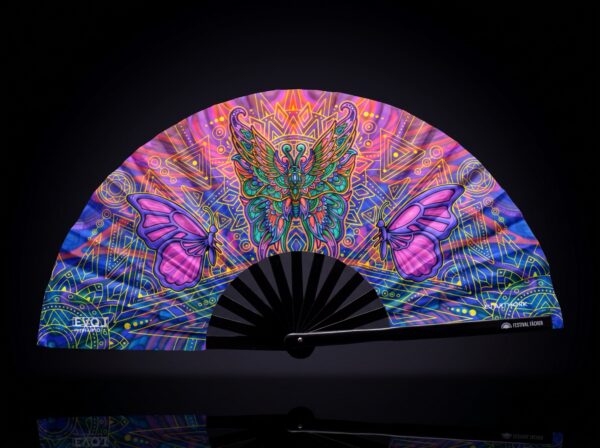 Festival Fan „Motýlí mandala, fialový“ pro psytrance a festivaly