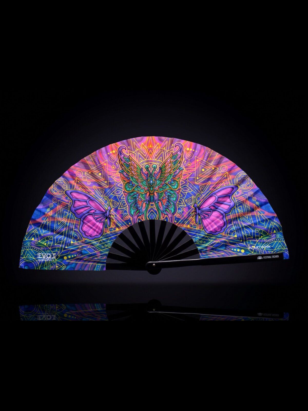 Festival Fan „Motýlí mandala – fialový“ pro psytrance a festivaly