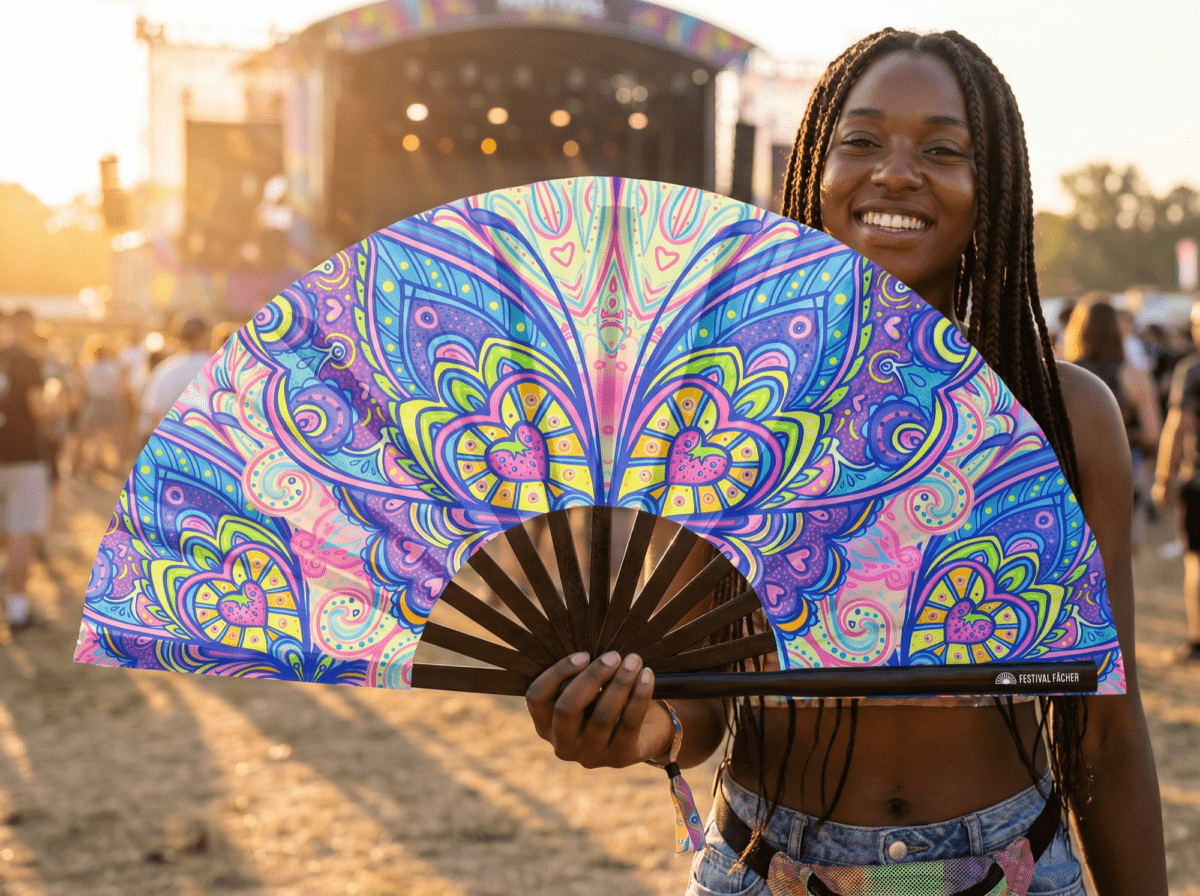Festival Fan s motivem motýlí mandaly v tyrkysové barvě pro psytrance a Rave, Zobrazení 3