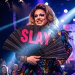 Festival Fan „SLAY“ v černé a růžové barvě, doplněk na CSD a Rave, Zobrazení 5