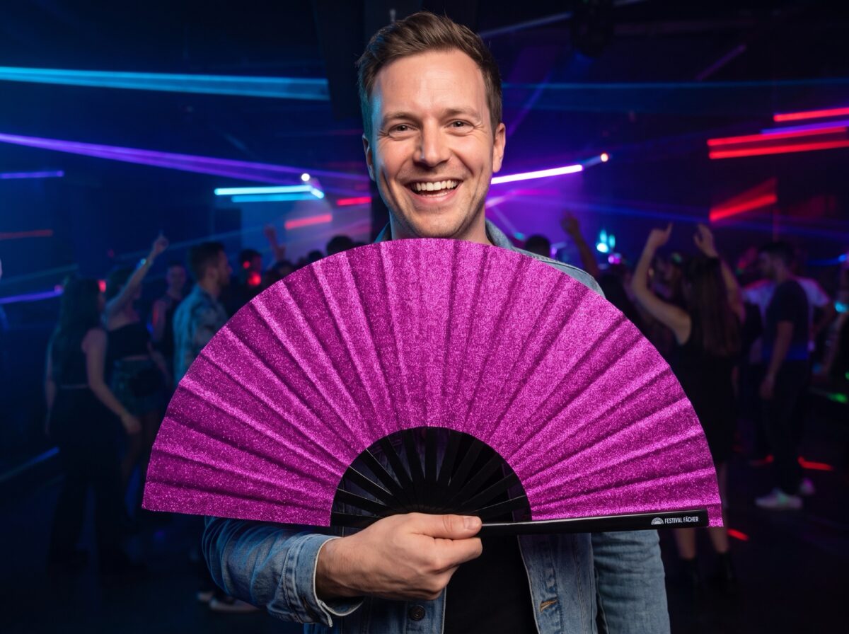 Festival Fans, fialové vějíře s třpytkami pro festivaly a večírky, Zobrazení 2