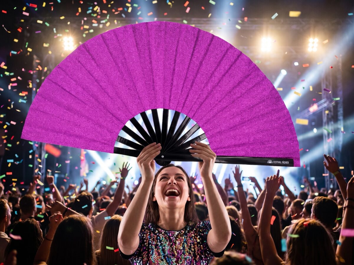 Festival Fans, fialové vějíře s třpytkami pro festivaly a večírky, Zobrazení 4